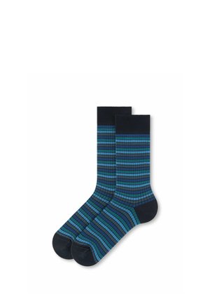 Paire de chaussettes bleu marine avec des rayures horizontales dans des nuances de bleu et de sarcelle, bords côtes, zones unies aux orteils et talons.