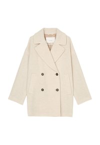 Beige dobbeltradet frakke med en blød tekstur, store reverser, to frontlommer og mørke knapper, med en afslappet pasform og firkantet form.