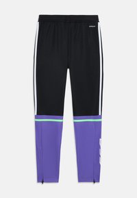 Μαύρο αθλητικό παντελόνι με μοβ κάτω τμήμα, πράσινες και λευκές λεπτομέρειες, στενή γραμμή, ελαστική μέση και μανσέτες με φερμουάρ στους αστραγάλους.