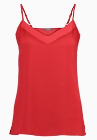 Top rosso senza maniche realizzato in tessuto liscio, con scollatura a V e spalline sottili e regolabili. Design semplice senza motivi o decorazioni.