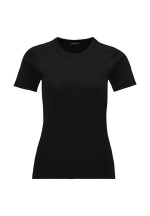 T-shirt noir à manches courtes et col rond. Le tissu est doux et extensible, conçu pour une silhouette ajustée.