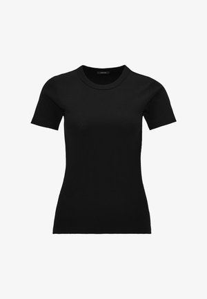 Schwarzes, geripptes T-Shirt mit kurzen Ärmeln und rundem Ausschnitt. Der Stoff ist glatt und dehnbar und sorgt für eine taillierte Silhouette.