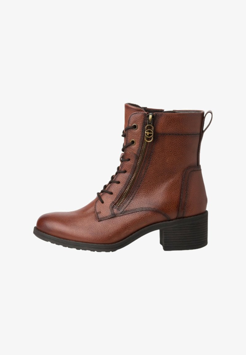 Bottines en cuir marron avec une finition texturée, dotées de lacets à l'avant et d'une fermeture éclair sur le côté. Talon bas et languette à l'arrière.