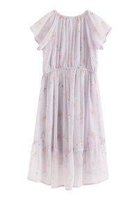 Robe légère de couleur mauve en tissu transparent, ornée de motifs floraux en rose pâle et en vert, avec une taille froncée et de courtes manches évasées.