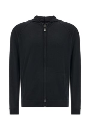 Hoodie noir zippé en tissu doux. Il est doté d'une capuche, de deux poches avant, de poignets côtelés et d'un design simple sans motifs.