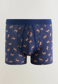 Laivastonsiniset bokserishortsit, joissa on toistuva vaaleanruskea peura-kuvio ja leveä vyötärönauha, johon on painettu sana "NEXT".