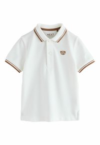 Hvid poloshirt lavet af bomuld med brunstribet krave og ærmekanter. Har et lille broderet bjørnelogo på brystet.