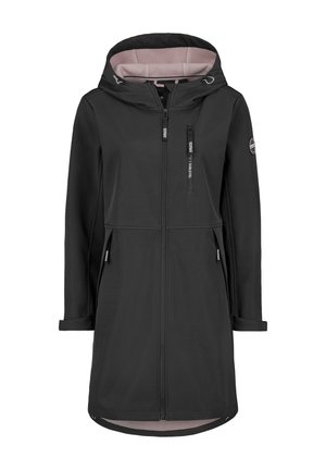 Schwarze lange Kapuzenjacke mit einem weichen rosa Futter, Frontreißverschluss, seitlichen Taschen und verstellbaren Bündchen für eine bequeme Passform.