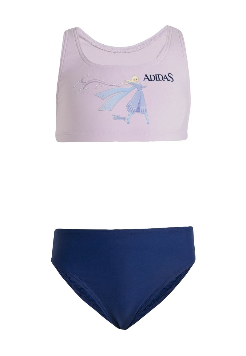 Jasnofioletowy sportowy biustonosz z nadrukiem niebieskiej postaci i logo "ADIDAS"; w zestawie z ciemnoniebieskimi majtkami bikini. Miękki, elastyczny materiał.