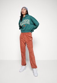 Felpa verde con logo "Ellesse", abbinata a pantaloni texture color ruggine con strisce laterali, completata da sneakers bianche.
