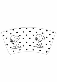 Design a ventaglio in bianco e nero con Snoopy delineato in nero, circondato da piccoli cuori su uno sfondo bianco.