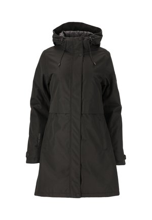 Schwarze wasserdichte Parka-Jacke mit Kapuze, verfügt über einen Reißverschluss und einen Druckknopfverschluss, verstellbare Kordeln und Seitentaschen.