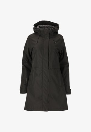 Schwarze wasserdichte Parka-Jacke mit Kapuze, verfügt über einen Reißverschluss und einen Druckknopfverschluss, verstellbare Kordeln und Seitentaschen.