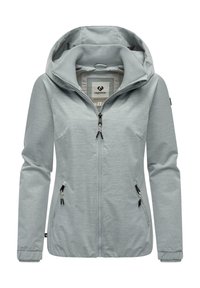 Lys grå, zip-up jakke med hette, som har to sidelommer, ribbede detaljer, teksturert stoff, og logo på innsiden av merket.