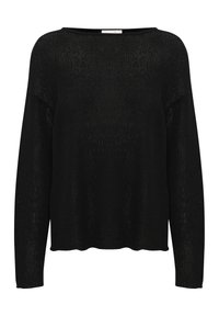 Black knitted sweater with a loose fit, wide boat neckline, long sleeves, and a textured pattern. Hem has a wavy edge.