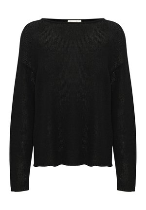 Black knitted sweater with a loose fit, wide boat neckline, long sleeves, and a textured pattern. Hem has a wavy edge.