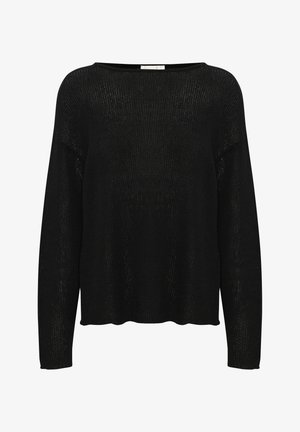 Črn pleteni pulover z ohlapnim krojem, širokim čolnovim ovratnikom, dolgimi rokavi in teksturiranim vzorcem. Rob je valovit.