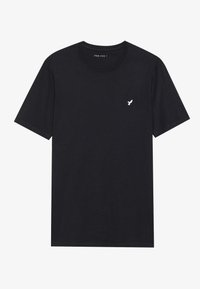 Schwarzes Baumwoll-T-Shirt mit rundem Halsauschnitt, kurzen Ärmeln, lockerer Passform und kleinem weißen Logo-Druck auf der Brust.