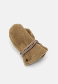 Braune Filzhandschuhe, geformt mit einer abgerundeten Oberseite und seitlichen Nähten, gesichert mit einem beigen Stoffband und einem kleinen Logotag.