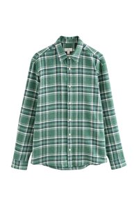 Green plaid shirt with long sleeves, button-up front, featuring white and navy blue lines in a soft, textured fabric. Rounded hem.