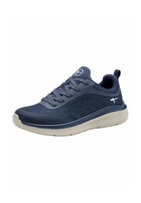Scarpa sportiva blu navy con tomaia in mesh, dettagli testurizzati e suola bianca ammortizzata. Presenta lacci evidenti e una linguetta sul retro.