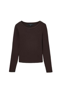 Langsleeve top in donkerbruin katoen met een ronde halslijn en een aansluitend ontwerp; gladde textuur en recht gesneden zoom op de taille.