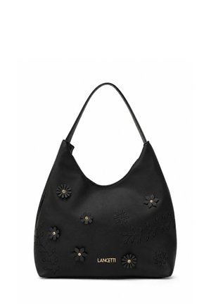 Borsa nera con una singola tracolla, decorata con piccole applicazioni di fiori neri e un ricamo delicato a foglia, con logo Lancetti dorato.