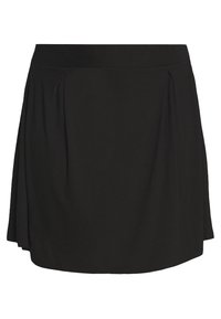 Zwarte rok met een gladde textuur, voorzien van plooien bij de taille en een uitlopende silhoutte. Eenvoudig ontwerp zonder zichtbare hardware of patronen.