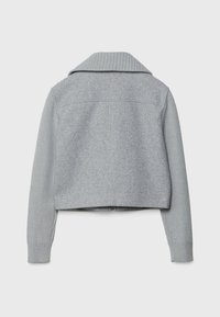 Gray cropped jacket with a ribbed collar and long sleeves, featuring a smooth fabric finish and a minimalist design. Back view shown.
