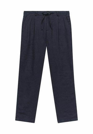 Mörkblå linbyxor med dragsko i midjan, rak bendesign och subtil textur. Har sidofickor och en avslappnad passform.