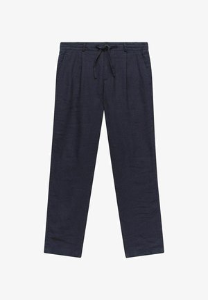 Mørkeblå linnedbukser med snøre i taljen, lige bendesign og subtil tekstur. Har sidelommer og en afslappet pasform.