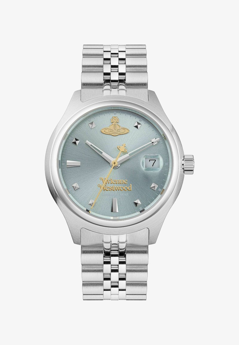 Montre-bracelet en argent avec un cadran métallique bleu clair, des accents dorés, des indicateurs d'heure en forme de diamant, et un bracelet en acier inoxydable. Comprend un guichet de date.