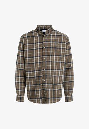 Pruun ruuduline särk nupuga krae, õhukeste siniste ja kreemjate triipudega, pikkade varrukatega ja vasakul rinnal taskuga.