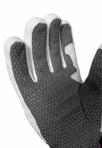 Graue und weiße Handschuhe mit einer strukturierten grauen Handfläche und Fingern, die ein welliges Muster aufweisen. Die Rückseite besteht aus einem glatten weißen Material mit Nähten.