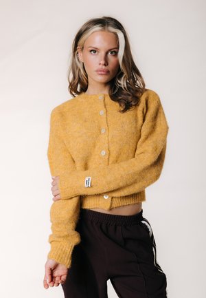 Donna con capelli castano chiaro e biondi che indossa un cardigan giallo senape con bottoni e pantaloni neri, in piedi davanti a uno sfondo chiaro uniforme.