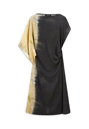 Ärmelloses Midikleid mit lockerem Schnitt, mit schwarz-beigem Batikmuster und einem drapierten Abschnitt auf einer Seite.