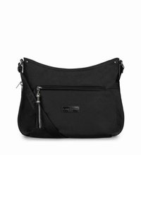 Borsa a tracolla nera realizzata in tessuto resistente con una texture liscia. Presenta un scomparto principale con zip, una tasca frontale con zip e un accento con nappina.