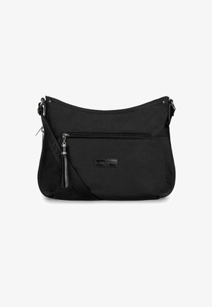 Black crossbody bag made of durable fabric with a smooth texture. Features a zippered main compartment, front zipper pocket, and tassel accent.