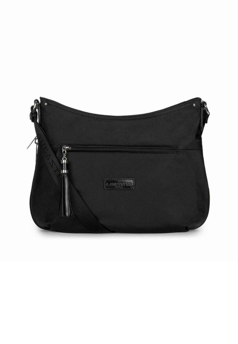 Borsa a tracolla nera realizzata in tessuto resistente con una texture liscia. Presenta un scomparto principale con zip, una tasca frontale con zip e un accento con nappina.