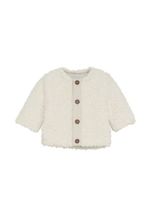 Helle crèmefarbene, strukturierte Jacke für Kleinkinder mit langen Ärmeln und vier braunen Knöpfen auf der Vorderseite.
