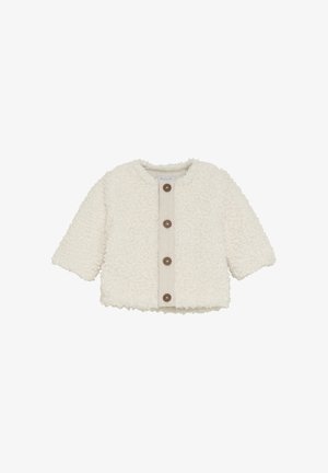 Cream-colored, textured toddler jacket with long sleeves and four brown buttons down the front.