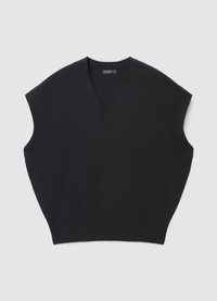 Schwarze Strickweste mit V-Ausschnitt, kurzen Kappenärmeln und einer lockeren Silhouette. Glatte Textur und gerippte Details am Saum.