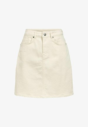 Jeansrock in einem hellbeigen Farbton, mit geradem Schnitt, Fünf-Taschen-Design, Knopfverschluss und einer dezent strukturierten Oberfläche.