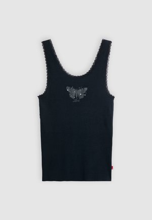 Μαύρο αμάνικο τοπ με δαντέλα στα λουράκια και ένα σκοτεινό γραφικό πεταλούδας στο κέντρο του στήθους.