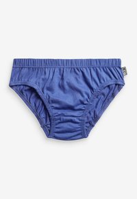 Bas de maillot de bain en tissu bleu avec une taille élastique, présentant une texture douce et des coutures froncées sur les côtés pour un ajustement confortable.