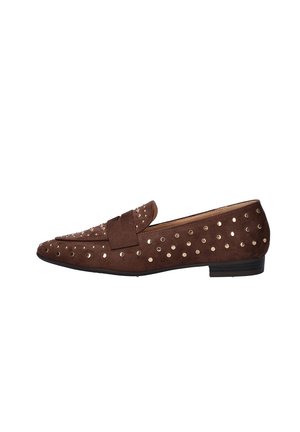 Brown suede loafer with gold round studs and a strap detail, flat black sole, and low heel, shown from the side on a white background.