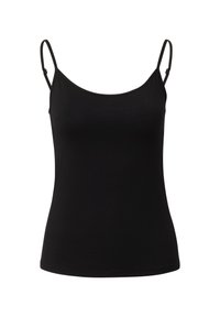 Czarny top na ramiączkach z cienkimi regulowanymi paskami, wykonany z gładkiego, elastycznego materiału; ma okrągły dekolt i dopasowany krój.