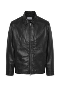 Black leather jacket with a collared neckline, front zipper closure, and two side pockets. Features a smooth texture and slightly relaxed fit.