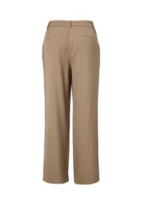 Μπεζ παντελόνι με ίσια γραμμή, θηλιές για ζώνη και δύο πίσω τσέπες τύπου welt, παρουσιασμένο από πίσω σε λευκό φόντο.