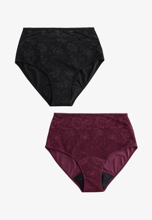 To højttaljede blondertrusser, én sort og én mørkerød, begge med blomsterprint og fuld dækning.